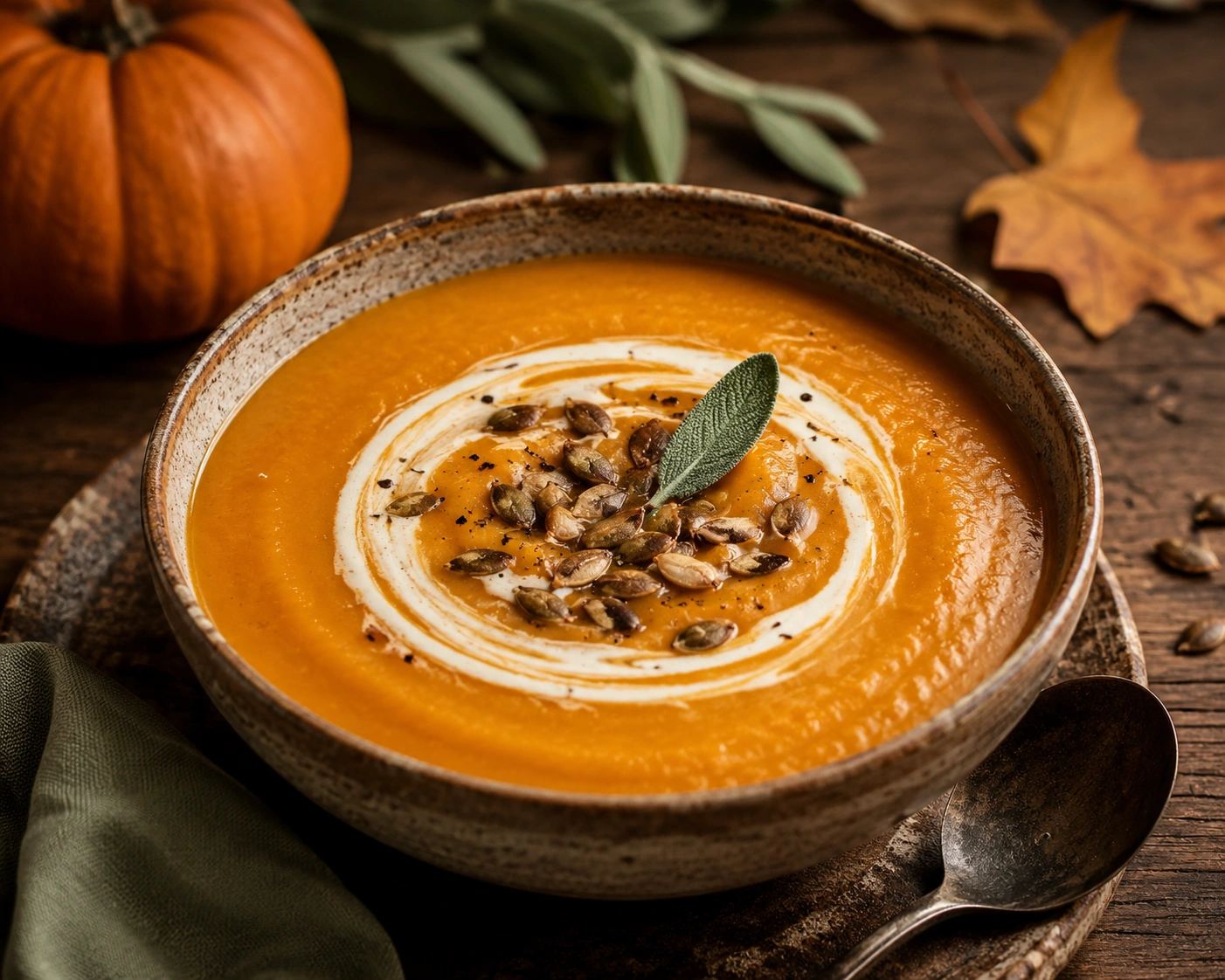 Plated bowl of pumpkin soup with toppings